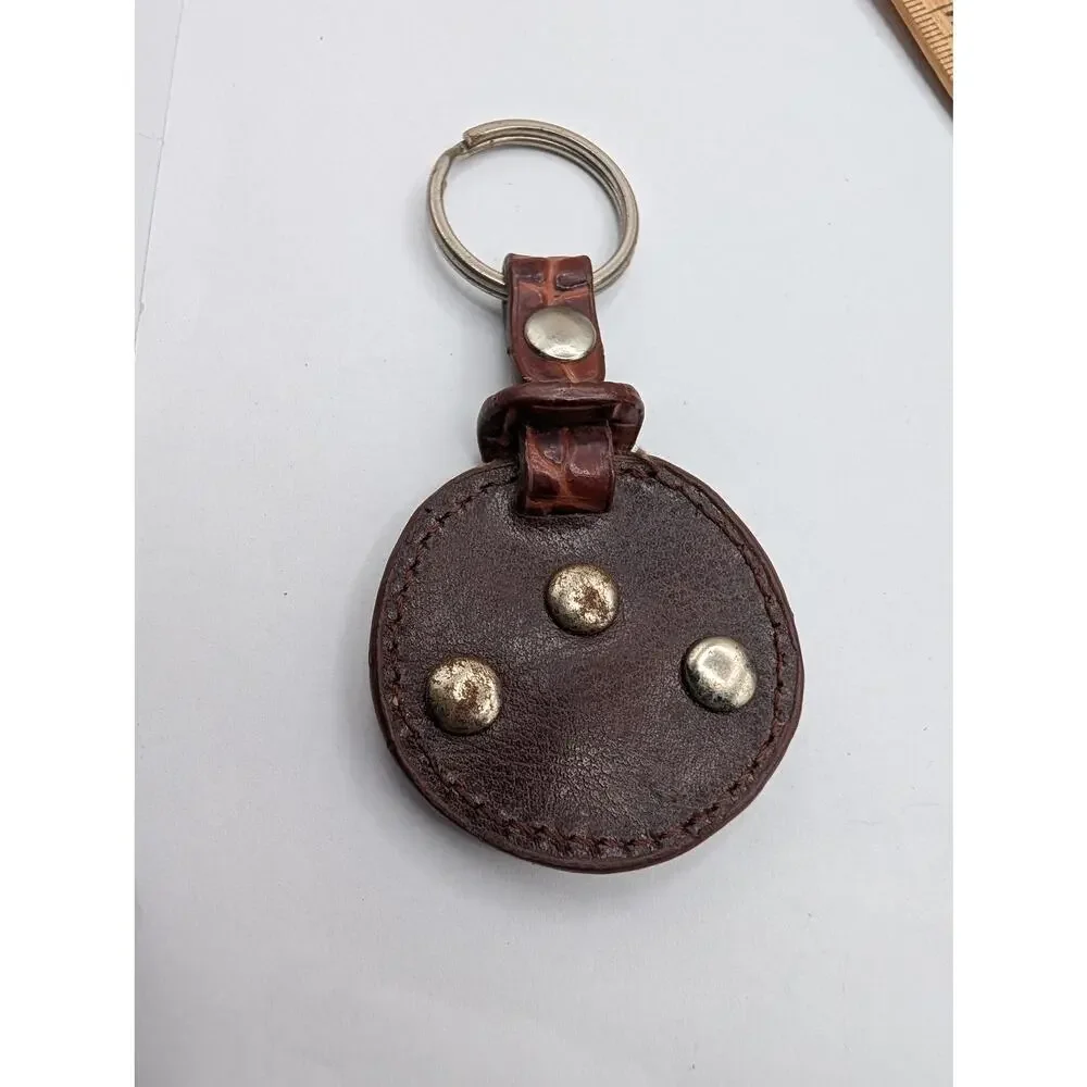 Vintage Heart & Scroll Leather Keychain Brown Crocodile Embossed Made in Japan